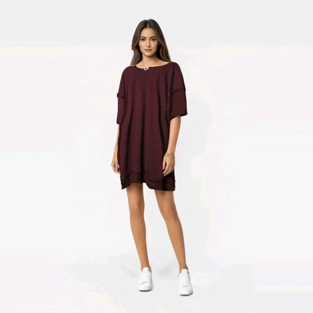 Umgee lagenlook dress tunic split sides fringe on sleeves & hem deep purple sz S - Picture 3 of 9